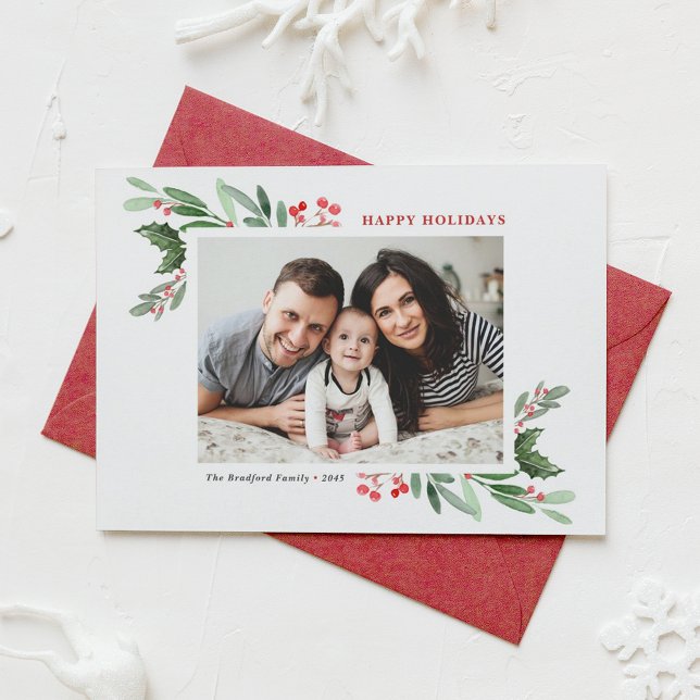 Watercolor Holly and Greenery II Happy Holidays Holiday Card (Customizable photo holiday card featuring watercolor red winterberry and greenery)