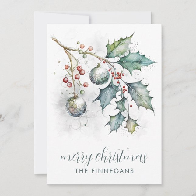 Watercolor Holly And Ornaments Chistmas  Holiday Card (Front)