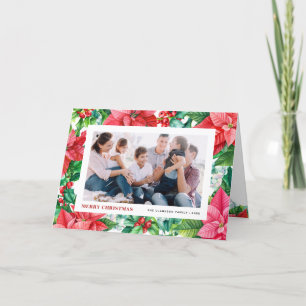 Watercolor Holly and Poinsettia Photo Christmas Holiday Card