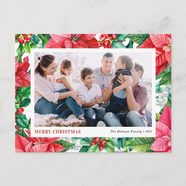 Watercolor Holly and Poinsettia Photo Christmas Holiday Postcard (Front)