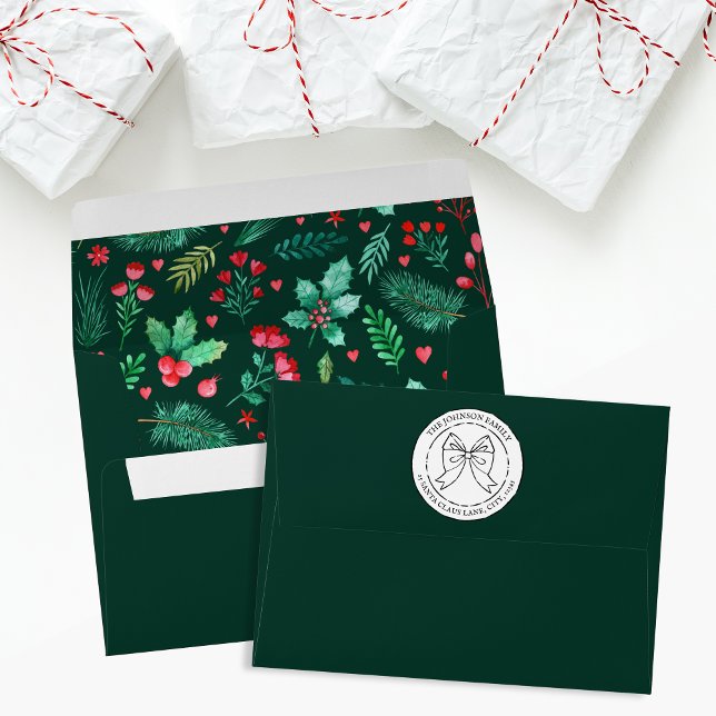 Watercolor Holly and Red Berries Dark Green Envelope (Watercolor Holly, Red Berries + Pine Needles Green Envelope)