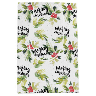 Watercolor Holly and Winter Greenery Christmas Medium Gift Bag
