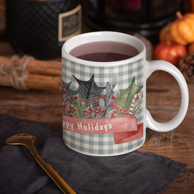 Watercolor Holly Banner on Grey Plaid Coffee Mug (Creator Uploaded)