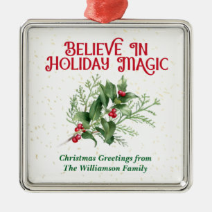 Watercolor Holly Believe Holiday Magic Christmas Metal Tree Decoration