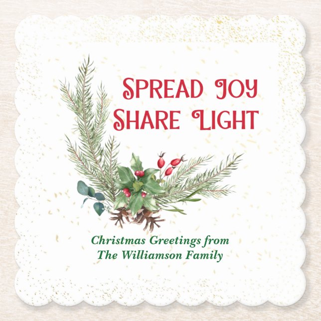 Watercolor Holly Berries Bouquet Christmas Paper Coaster (Front)