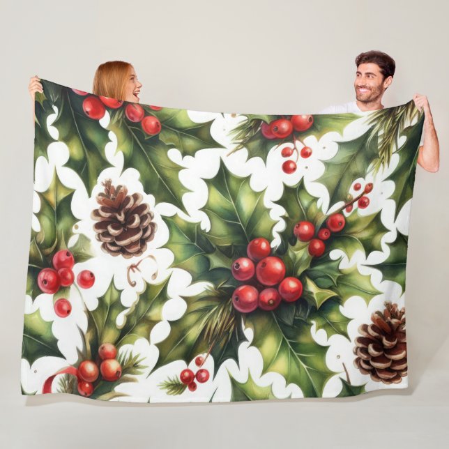 Watercolor Holly Berries Christmas Motifs Holiday Fleece Blanket (In Situ)