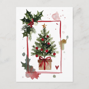 Watercolor Holly Berries Christmas Tree Holiday Postcard