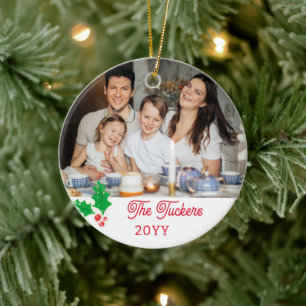 Watercolor Holly Berries Family Photo Ceramic Tree Decoration