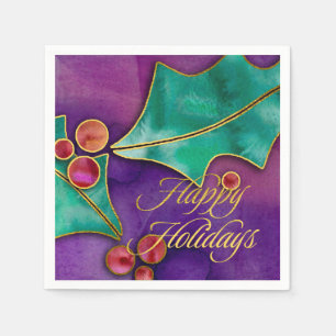 Watercolor Holly Berries Gold Happy Holidays Napkin