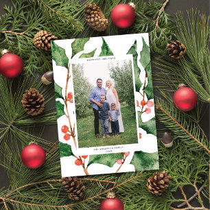 Watercolor Holly + Berries Holiday Photo Card