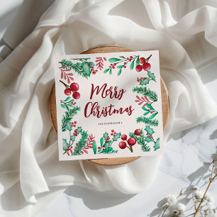 Watercolor Holly & Berries Merry Christmas Napkin