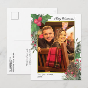 Watercolor Holly Berries Pine Cone & Greens Photo Holiday Postcard