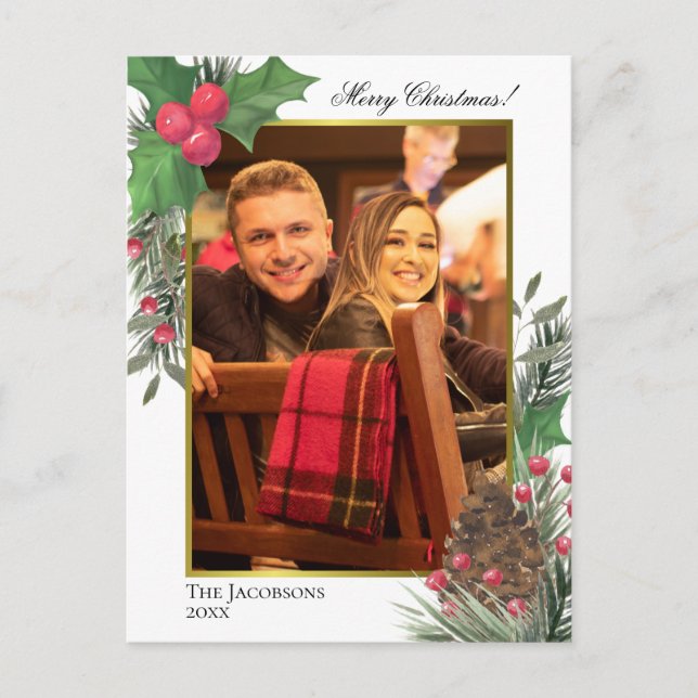 Watercolor Holly Berries Pine Cone & Greens Photo Holiday Postcard (Front)