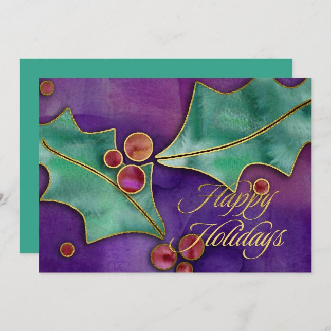 Watercolor Holly Berries Purple Green Red Holiday (Front/Back)