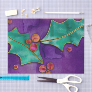 Watercolor Holly Berries Purple Green Red Holiday Tissue Paper