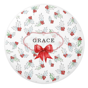 Watercolor Holly Berries  Red Ribbon Custom Name Ceramic Knob