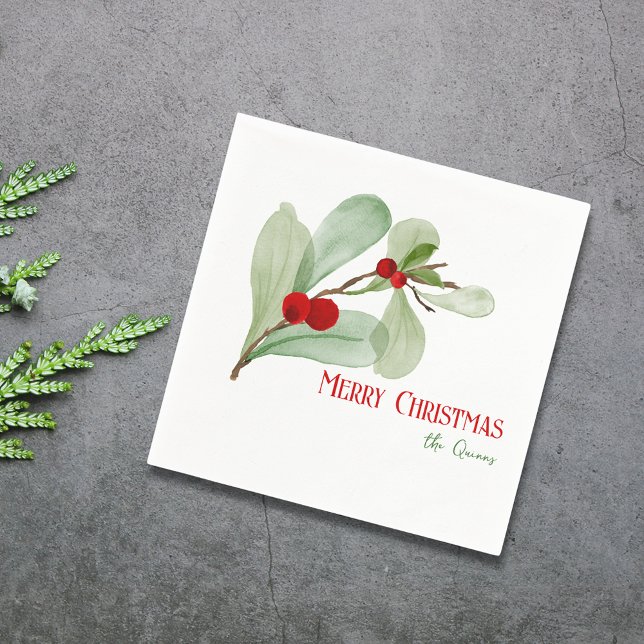 Watercolor Holly Berries Simple Merry Christmas  Napkin (Simple Watercolor Greenery Merry Christmas Napkins)