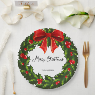 Watercolor Holly Berry And Red Ribbon Festive  Paper Plate