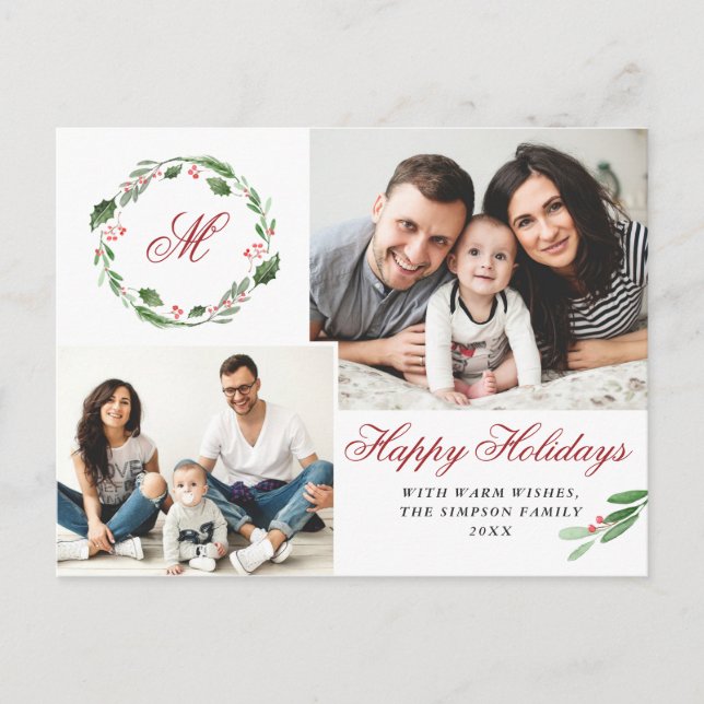 Watercolor Holly Berry Christmas 3 PHOTO Greeting Postcard (Front)