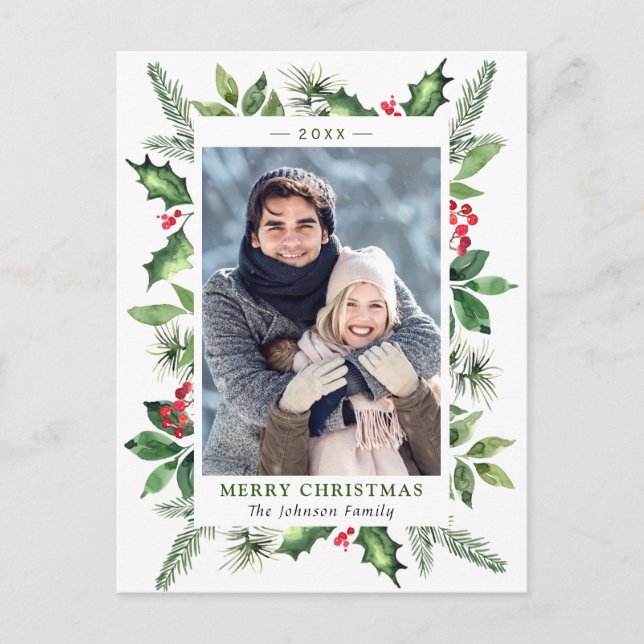 Watercolor Holly Berry Christmas PHOTO Holiday Postcard (Front)
