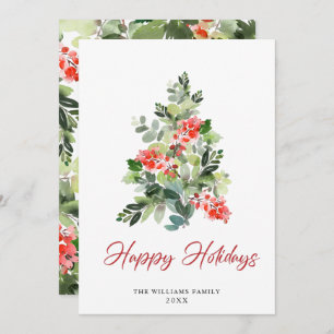Watercolor Holly Berry Christmas Tree Greeting Holiday Card