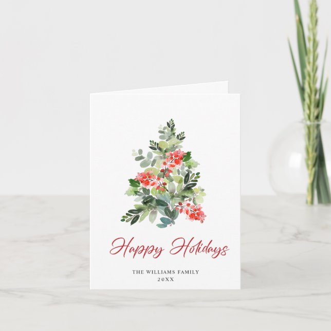 Watercolor Holly Berry Christmas Tree Greeting Holiday Card (Front)