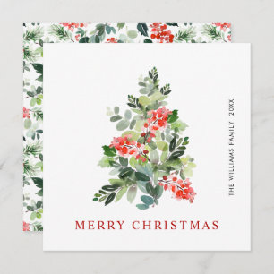 Watercolor Holly Berry Christmas Tree Greeting Holiday Card