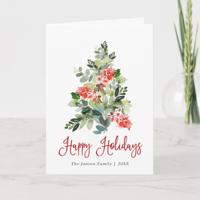 Watercolor Holly Berry Christmas Tree Greeting Holiday Card (Front)