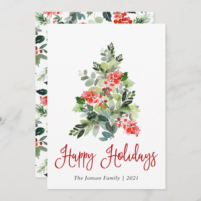 Watercolor Holly Berry Christmas Tree Greeting Holiday Card (Front/Back)