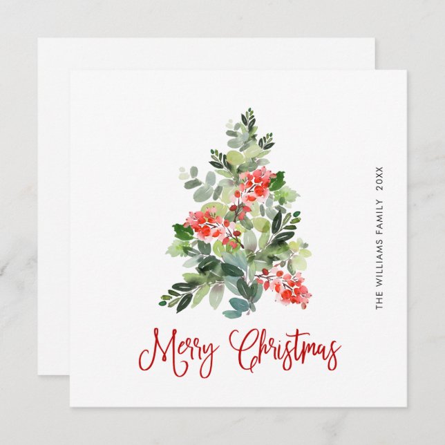 Watercolor Holly Berry Christmas Tree Greeting Holiday Card (Front/Back)