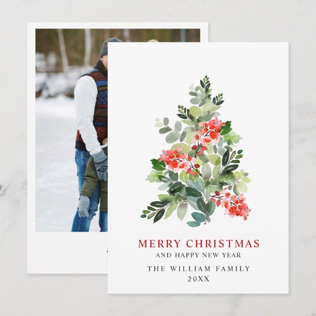 Watercolor Holly Berry Christmas Tree Greeting Holiday Card (Front/Back)