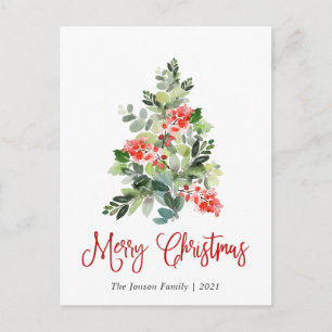 Watercolor Holly Berry Christmas Tree Greeting Postcard