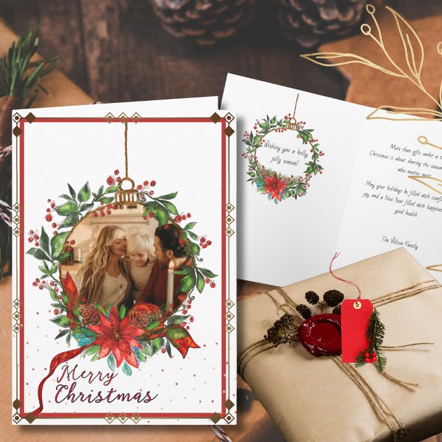 Watercolor Holly Berry Christmas Wreath Photo Card ( Watercolor Holly Berry Christmas Wreath Photo Card )