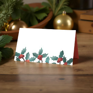 Watercolor Holly Berry Foliage Holiday Place Card
