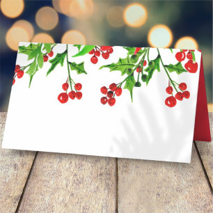 Watercolor Holly Berry Foliage Holiday Place Card
