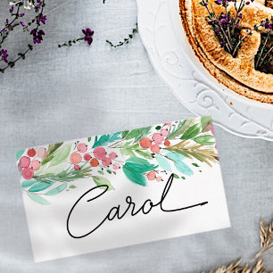 Watercolor Holly Berry Foliage Holiday Place Card