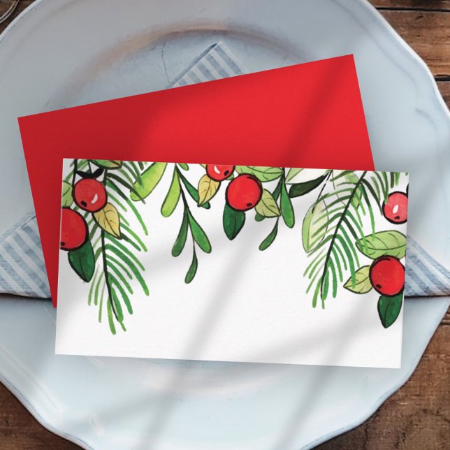 Watercolor Holly Berry Foliage | Holiday Place Card (Creator Uploaded)