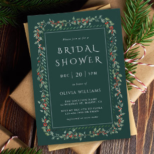 Watercolor Holly Berry Frame Bridal Shower Green Invitation