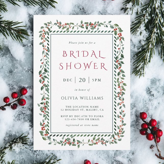 Watercolor Holly Berry Frame Bridal Shower Invitation (Creator Uploaded)