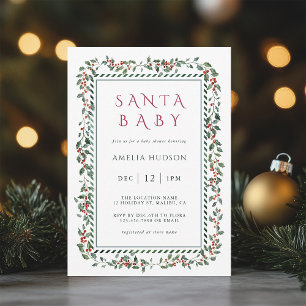 Watercolor Holly Berry Frame Santa Baby Shower Invitation