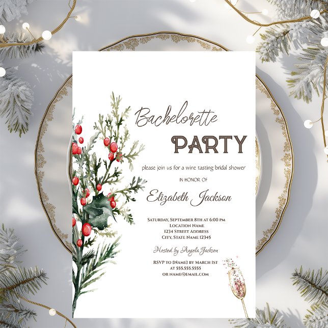 Watercolor Holly Berry Greenery Bachelorette   Invitation (Creator Uploaded)
