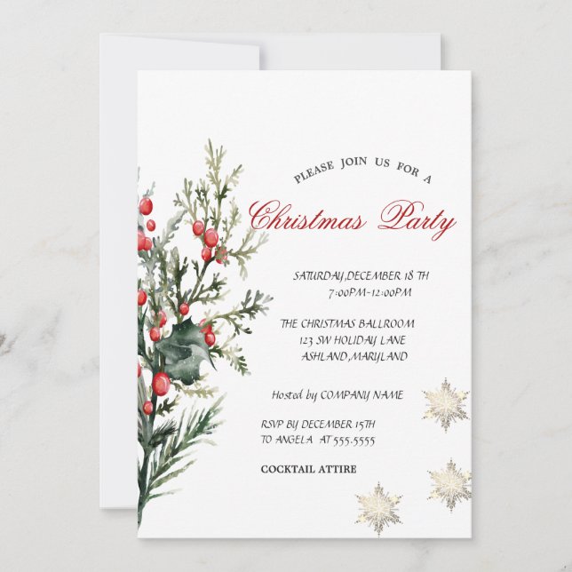 Watercolor Holly Berry Greenery Company Christmas  Invitation (Front)