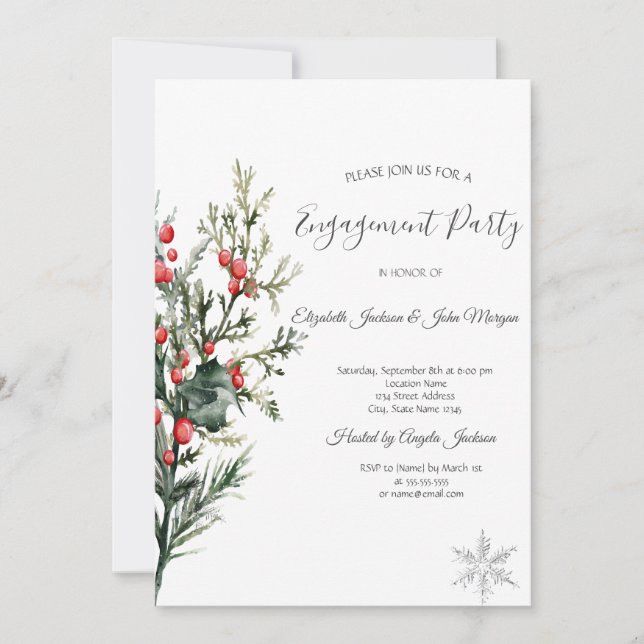 Watercolor Holly Berry Greenery Engagement Invitation (Front)