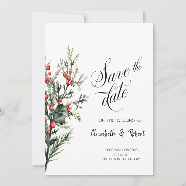 Watercolor Holly Berry Greenery  Save The Date (Front)