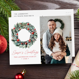 Watercolor Holly Berry & Greenery Wreath 2 Photo Holiday Postcard
