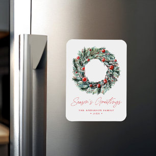 Watercolor Holly Berry & Greenery Wreath Holiday Magnet
