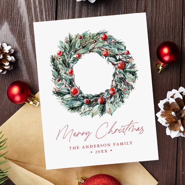 Watercolor Holly Berry & Greenery Wreath Non-Photo Holiday Postcard (Creator Uploaded)