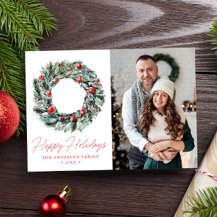 Watercolor Holly Berry & Greenery Wreath Photo Holiday Card