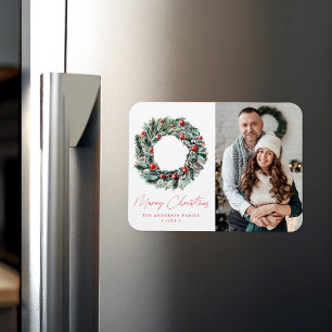 Watercolor Holly Berry & Greenery Wreath Photo Magnet