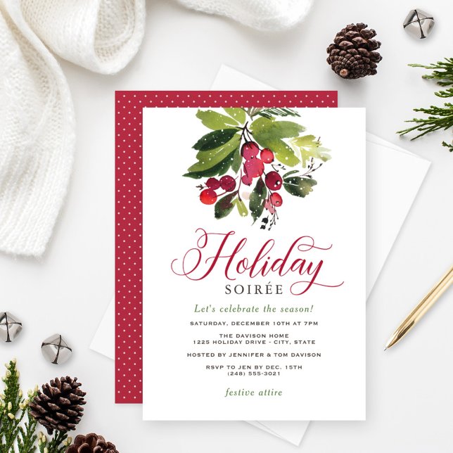 Watercolor Holly Berry Holiday Soirée Invitation (Creator Uploaded)
